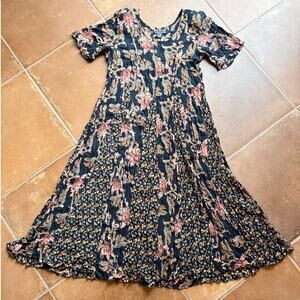 Starina Vintage Crinkle Rayon Floral Pullover Dress w Godet Pleats 90's size L